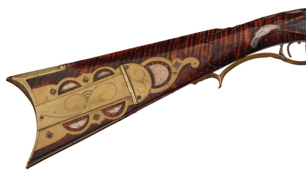 "JS" Signed, Silver Inlaid, and Carved Bedford Percussion Rifle
