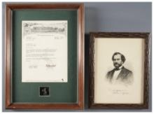 Framed Samuel Colt Portrait and Silver Rampant Colt Pin