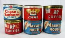 Lot (6) Antique All Metal Coffee Cans/ All Full Sealed- IGA, Maxwell house, A&P