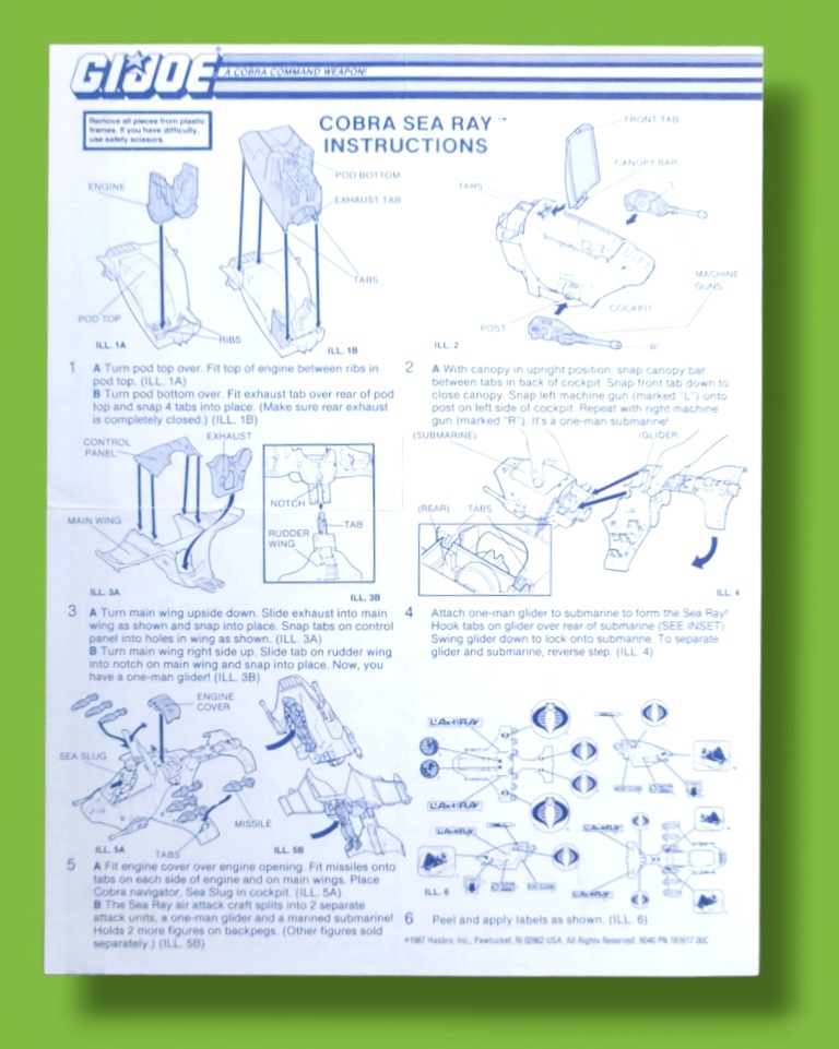 GI Joe Cobra Sea Ray Attack Submarine/Glider Vehicle Toy Vintage Hasbro Blueprints/Instructions