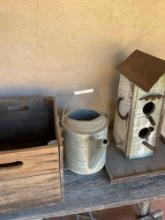 Watering can , wood box, bird house. 3 pieces