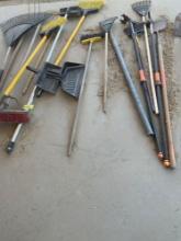 Lot of assorted garden tools. Broom, shovels, trimmers, etc. 18 pieces