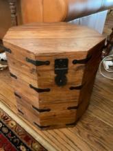 Rustic storage octagon shape chest, wood with metal hardware & handles. 18" x 18"