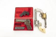 Collection of Four (4) PROP GUNS. (1) Engraved Single Action Revolver with brass hang tag that reads