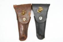 (2) Vintage M1916 Leather Flap Holsters With USMC Insignia Pins - For 1911 Pistols