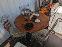 TABLE & 4 CHAIRS W/CAST IRON SKILLETS & CHINA