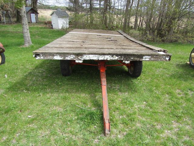 146. 4 WHEEL WAGON WITH OLDER 8 FT. X 16 FT. WOODEN FLAT RACK