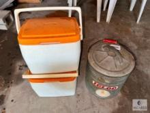 Vintage Metal IGLOO Water Can and Two Small Coleman Coolers