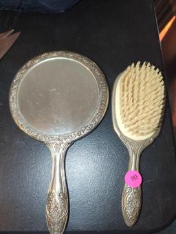 (BR3) 19TH CENTURY STYLE SILVER PLATED HAND VANITY MIRROR AND HAIRBRUSH, WHAT YOU SEE IN THE PHOTOS