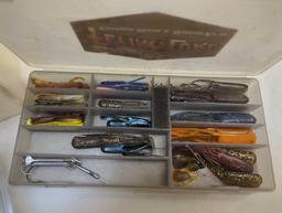3 mini tackle boxes and a Lowrance 106-72 Transducer. Tackle boxes contain fishing worm lures and