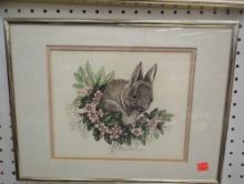 Framed Print of "Rabbit Nesting in Flowers" by Charlotte Young, Approximate Dimensions - 16" x 12",