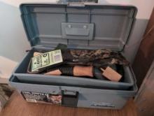 (DEN) TOOL BRUTE 17 TOOL BOX WITH MISC. HUNTING SUPPLIES TO INCLUDE: MOSQUITO HEAD NETS, DUCK CALLS,