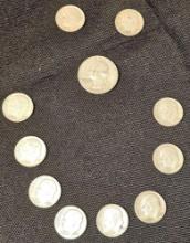 Lot of 11 Silver Coins. Includes 1960 Quarter and 10 Dimes. Years include 1964(2), 1962(2), 1946,