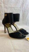 Michael Kors Velvet Peep Toe Pump Black with Gold MK Logo. Size 8. 4 in Heel.