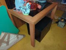 (LR) PINE GLASS TOP SQUARE TABLE. IN GOOD CONDITION WITH SOME MINOR COSMETIC WEAR, APPROX 25 1/2"X