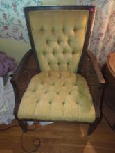 (MBR) MID CENTURY MODERN CANE CHAIR WITH GOLD VELVET TUFTED BACK AND SEAT, APPROXIMATE DIMENSIONS -