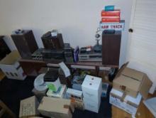 (UPBR1) LARGE LOT OF VINTAGE ELECTRONICS, SPEAKERS, HAM SHACK LIGHT, MICROPHONE, RADIO, TURNTABLE,