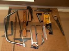 (GAR) LARGE LOT OF ASSORTED ITEMS TO INCLUDE, HAND HELD WOOD PLAINERS, L SHAPED RULERS, OLDER STYLE
