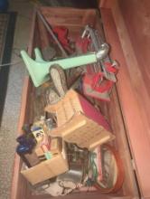(BAS) Chest Lot of Assorted Items Including Metal Toy Fire Truck, Old Style Glass Jars, Wooden Toys,