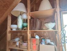 (GAR) Lot of Assorted Items Including Blue and White Lamp with Shade, Brown Window Shutters, ETC,