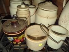 (GAR) LOT OF 14 ASSORTED STYLES AND SIZES OF CROCKS AND WHISKEY STYLE JUGS, WHAT YOU SEE IN PHOTOS