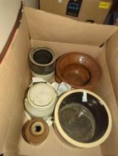 (GAR) LOT OF 5 ASSORTED STYLES AND SIZES OF CROCKS AND WHISKEY STYLE JUGS, WHAT YOU SEE IN PHOTOS IS
