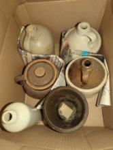 (GAR) LOT OF 6 ASSORTED STYLES AND SIZES OF CROCKS AND WHISKEY STYLE JUGS, WHAT YOU SEE IN PHOTOS IS