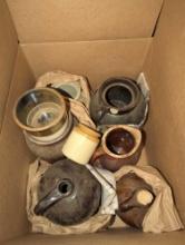 (GAR) LOT OF 8 ASSORTED STYLES AND SIZES OF CROCKS AND WHISKEY STYLE JUGS, WHAT YOU SEE IN PHOTOS IS
