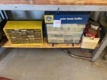 Massey F Paint, GE Auto Lamp Bulb Display, Yellow Metal Index & Old Wood Box