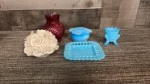 BLUE GLASS VANITY SET, RUBY GLASS PITCHER & MORE