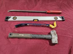 Assorted Tools; Crow Bars, Level, Hammer