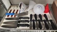 Tray of Utensils, Kitchen Knives, Spreaders, Funnels, Spatulas
