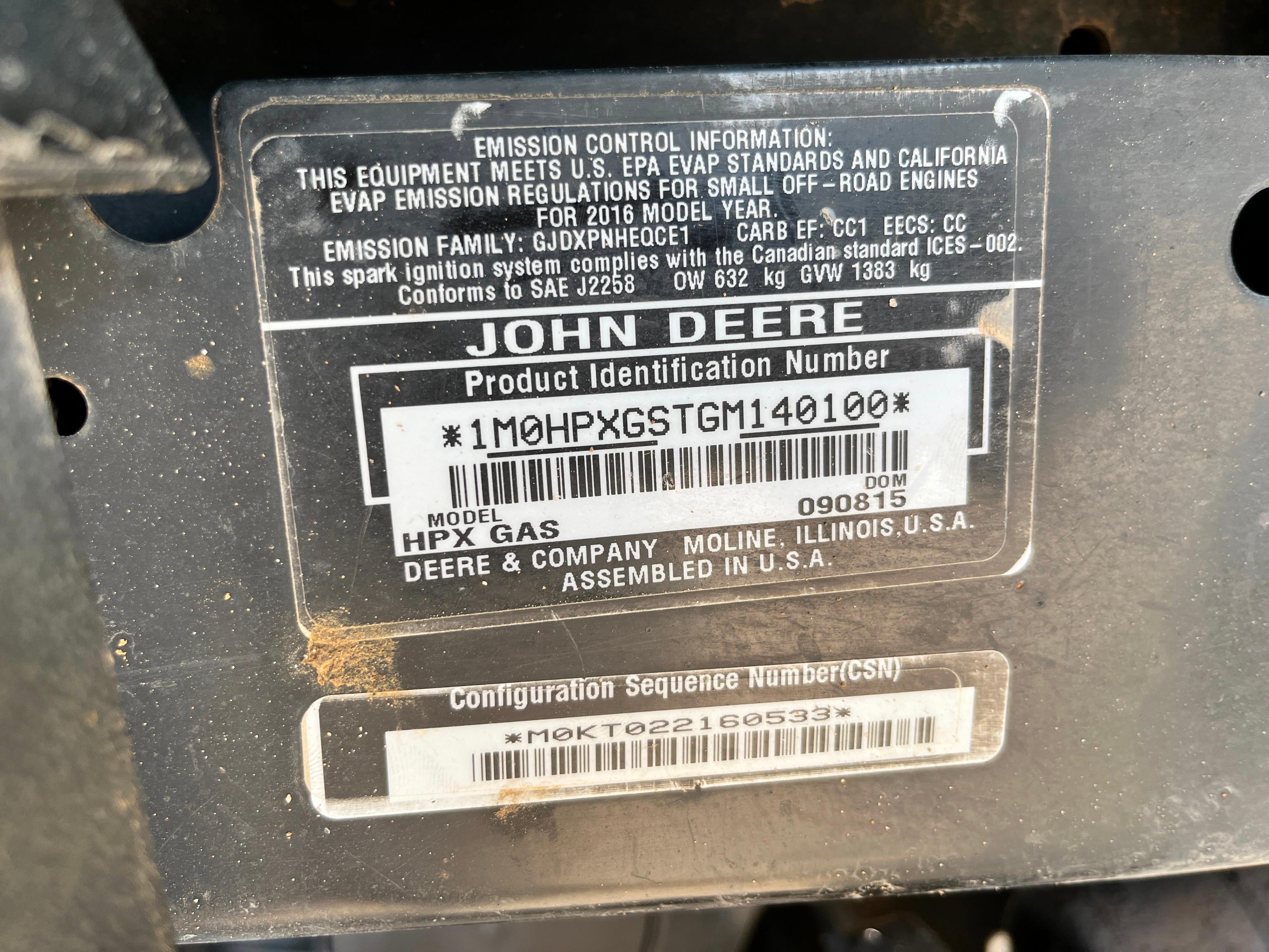 2016 JOHN DEERE GATOR HPX UTILITY VEHICLE VN:1M0HPXGSTGM140100 4x4, powered by gas engine, equipped