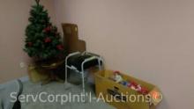 Lot of Various Christmas Decor, Christmas Tree, Small Round Table, Carpet Saver, Portable Chair