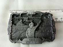 BELT BUCKLE NATIONAL BARROW SHOW AUSTIN MN 1988 LIMITED EDITION #37 OF 100 DIST BY HOWE ADV BACK