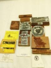 MISCELLANEOUS WOODEN PRINTING STAMP BLOCKS, PIG AND PIG EQUIPMENT, COKE ADVERTISING, U F C W STAMP