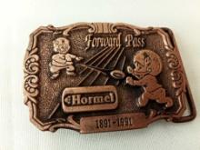 BELT BUCKLE HORMEL "FORWARD PASS"1891-1991 FEED PRODUCT NO EDITION NUMBER