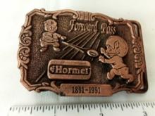 BELT BUCKLE HORMEL "FORWARD PASS" 1891-1991 "FORWARD PASS" IS FIRST NEW FEED PRODUCT OF ITS SECOND