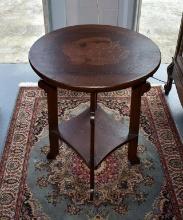 Antique Arts and Crafts Fumed Oak Parlor Lamp Table with Soldier Helmet Bust Motif