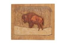 Western Folk Art Hand Carved Wood Bison Relief