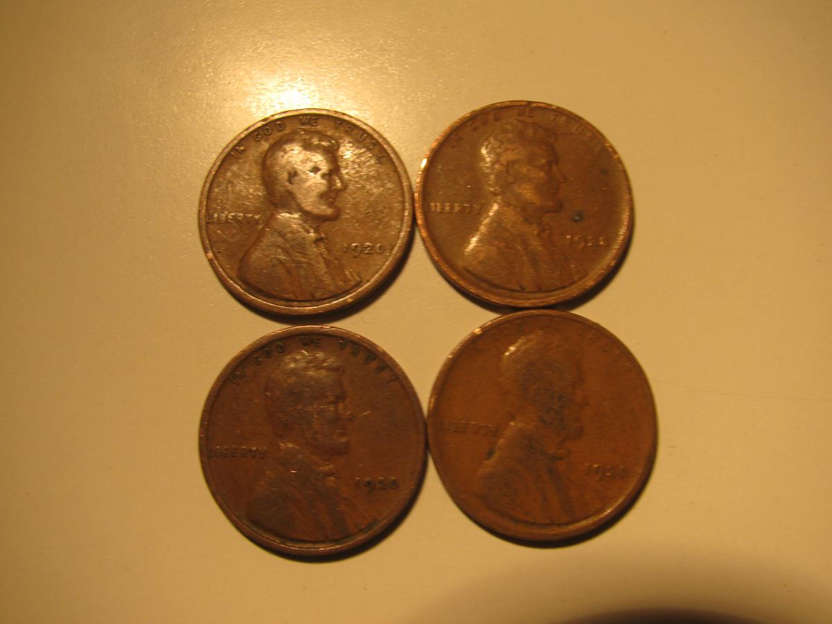 US Coins: 4x1920 Wheat Pennies