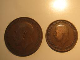 Foreign Coins: Great Britain 1921 Penny & 1931 1/2 Penny