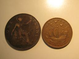 Foreign Coins: Great Britain 1926 Penny & 1944 (WWII) 1/2 Penny
