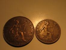 Foreign Coins: Great Britain 1936 Penny & 1927 1/2 Penny