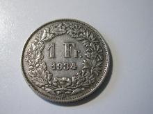 1934 -B Switzerland Silver 1 Franc