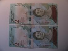 Foreign Currency: 2xVenezuela consecutive Serial #  2 Bolivares (UNC)