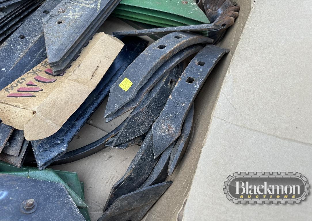 PALLET OF PLOW TIRES, KNIFE RIG BLADES, CULTIVATOR SPRINGS & MISC
