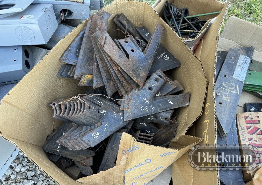 PALLET OF PLOW TIRES, KNIFE RIG BLADES, CULTIVATOR SPRINGS & MISC