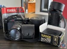 Konica Camera with Lenses, Cases, and Paperwork
