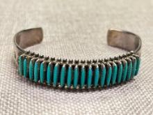 Signed B. Waatsa Zuni Sterling Silver Stamped Work Turquoise Cuff Bracelet